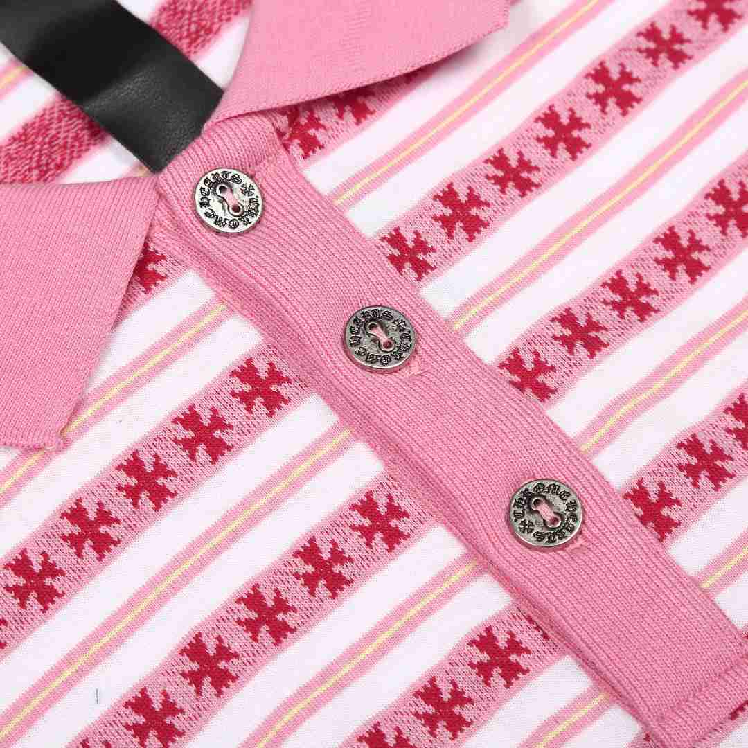 Chrome Hearts Cross Stripe Long Sleeve Polo Shirt Pink - DesignerGu