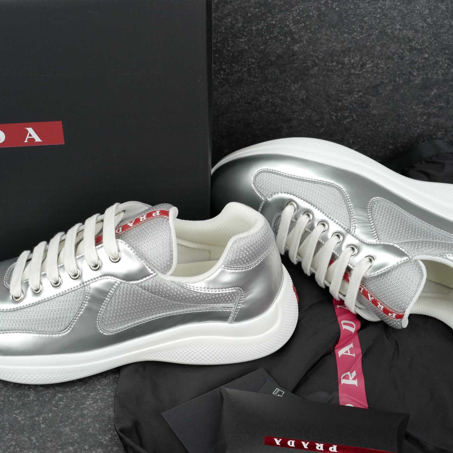 Prada America's Cup Metallic Leather And Bike Fabric Sneakers（upon uk size） - DesignerGu