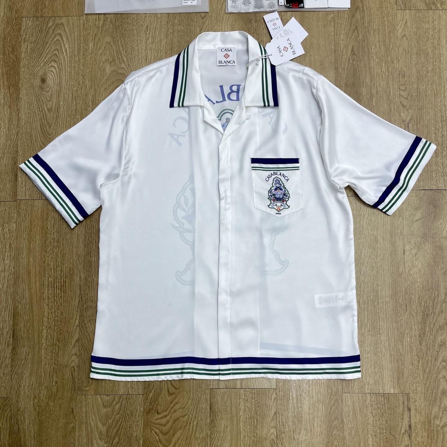Casablanca White Hotel Emblem Short Sleeve Silk Shirt CA3600 - DesignerGu