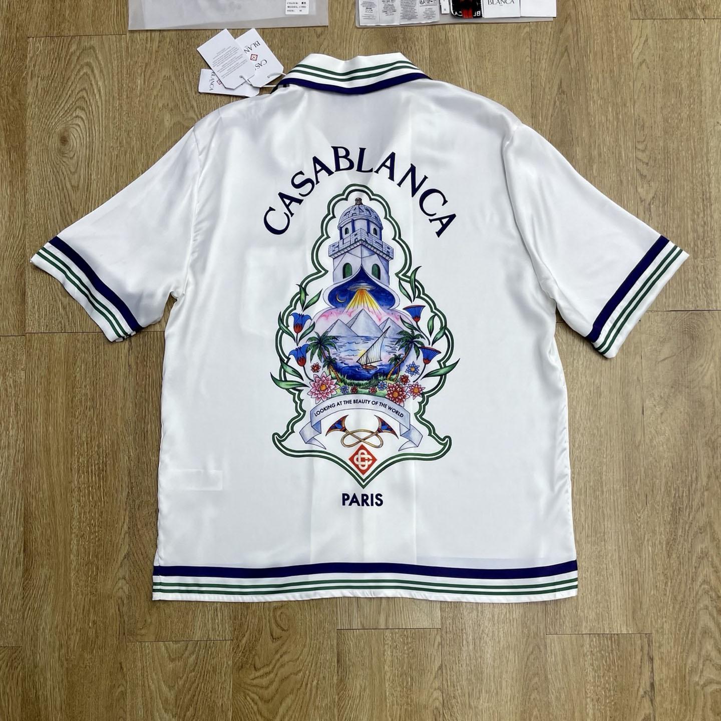 Casablanca White Hotel Emblem Short Sleeve Silk Shirt CA3600 - DesignerGu