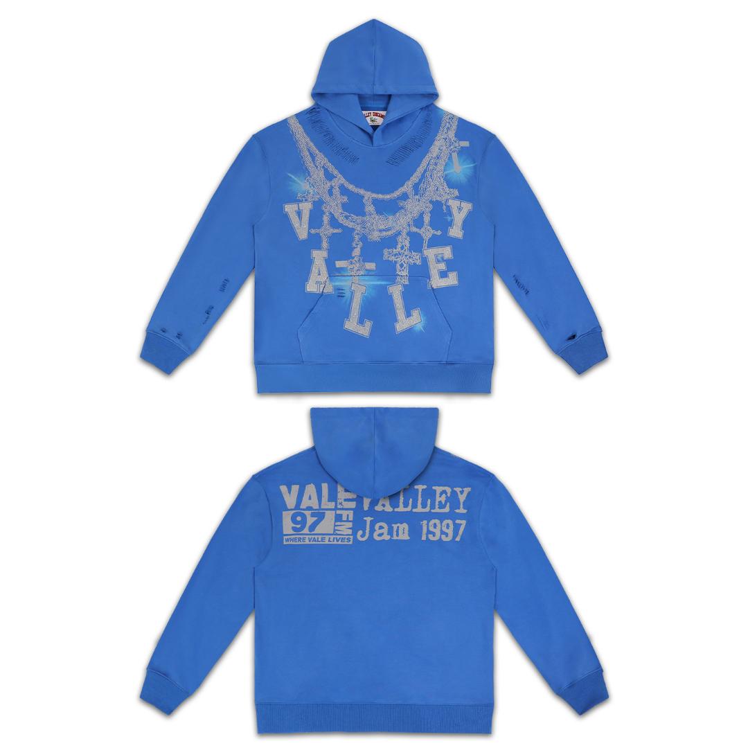 Vale Forever Valley Royal Blue Rhinestone Cross Hoodie - DesignerGu