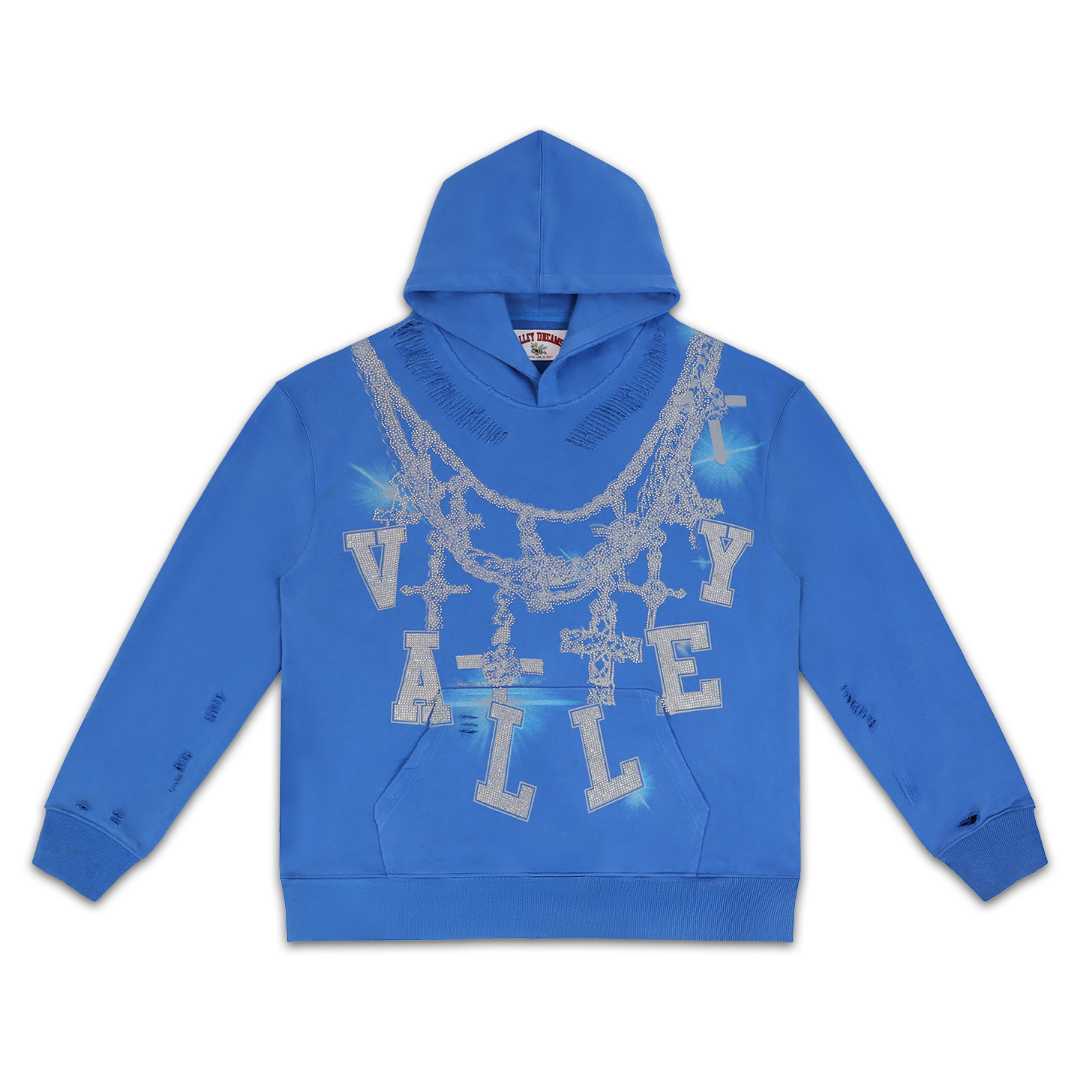Vale Forever Valley Royal Blue Rhinestone Cross Hoodie - DesignerGu